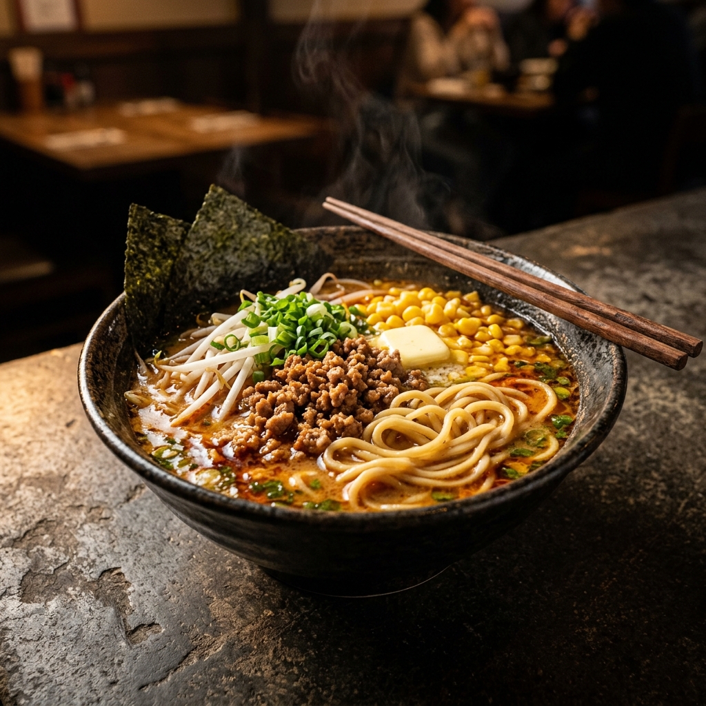 Miso Ramen mit fermentierter Paste und Mais