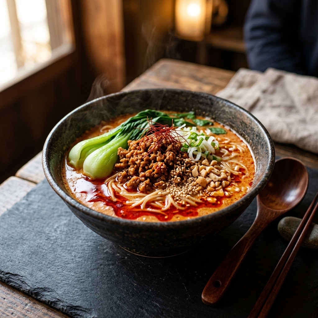 Tantanmen mit Sesam, Hackfleisch und Chiliöl