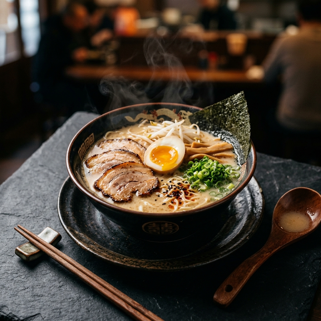 Tonkotsu Ramen mit reichhaltiger Brühe und Schweinefleisch