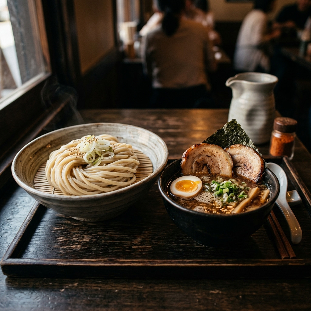 Tsukemen — zwei Schalen, authentisch serviert in der Restaurantküche